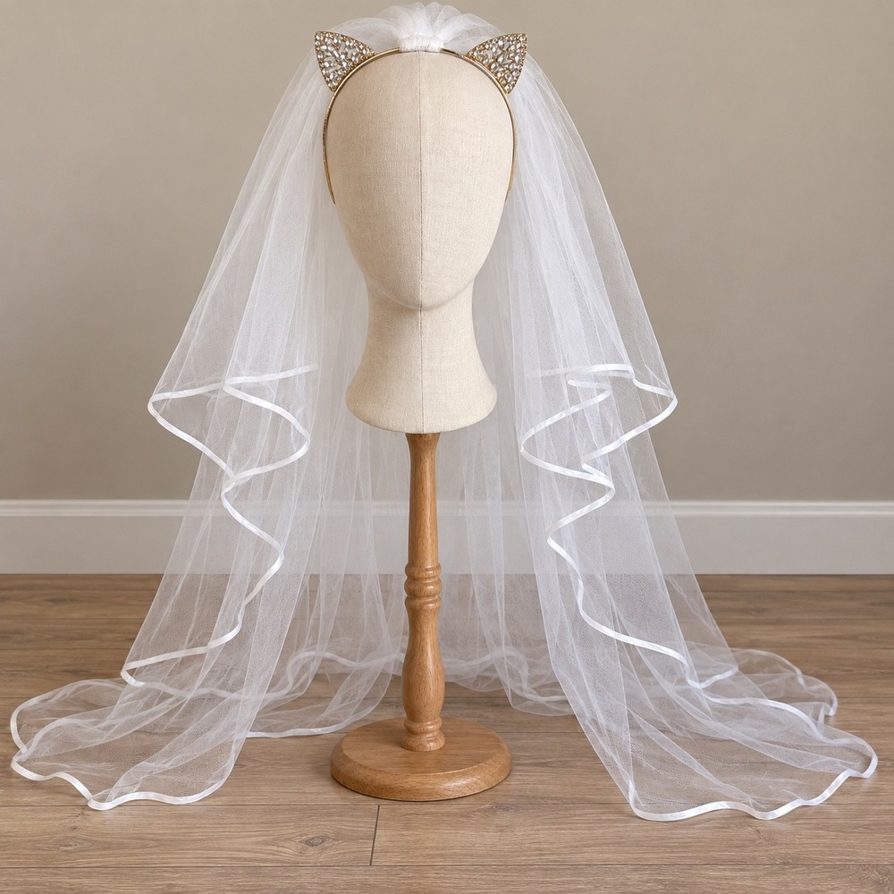 White Bridal Cat Ear Headband with Rhinestones and Ribbon Edge Tulle Veil